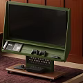 Green TV on Wooden Stand with Game Controllers Keyboard Electronics Wooden Wall Carpet