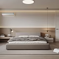Modern Minimalist Bedroom Interior Featuring Wooden Headboard Table Lamps Ceiling Light And Rug