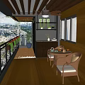 Home Balcony With Wooden Flooring Rattan Furniture Dining Table Ceiling Fan Green Plants And City View