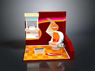 Vibrant Hair Salon Scene Setup With Orange Barber Chair Mirror And Checkerboard Floor 3d model