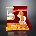 Vibrant Hair Salon Scene Setup With Orange Barber Chair Mirror And Checkerboard Floor