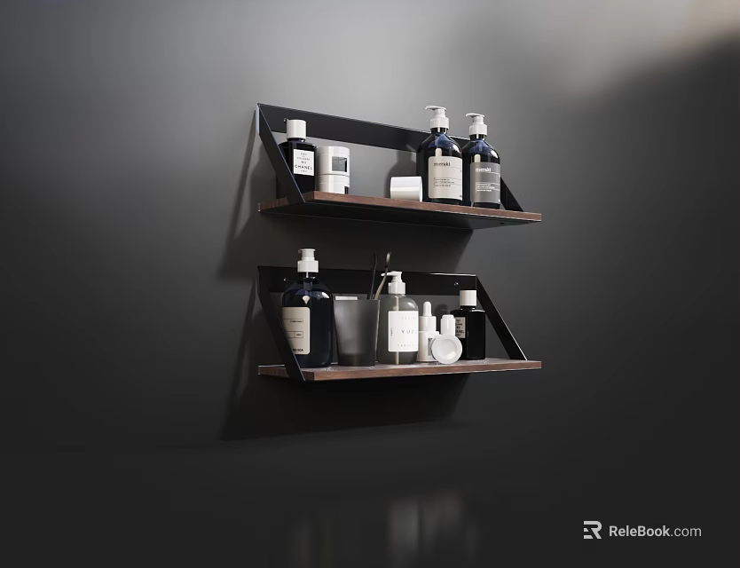 Bathroom Accessories Organized on Wooden and Black Wall Mounted Shelves with Various Bottles 3d model 