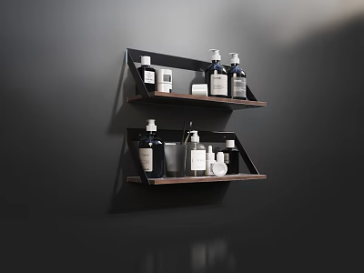 Bathroom Accessories Organized on Wooden and Black Wall Mounted Shelves with Various Bottles 3d model