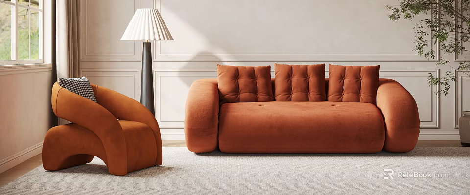 Luxury Soft Caramel Velvet Sofa Set With Matching Single Armchair For Cozy Modern Living Room 3d model 