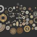 Assorted Decorative Circular Disc Components With Golden Brown Gray Textures And Ornamental Patterns 3d model