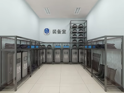 Well Organized Equipment Room With Metal Lockers Shelves Helmets And Uniforms 3d model