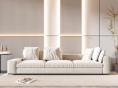 Beige Three Seater Sofa with Cushions Vertical Striped Wall Light Strip and Light Colored Rug 3d model