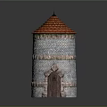 Medieval Stone Tower With Red Tiled Roof And Arched Wooden Door