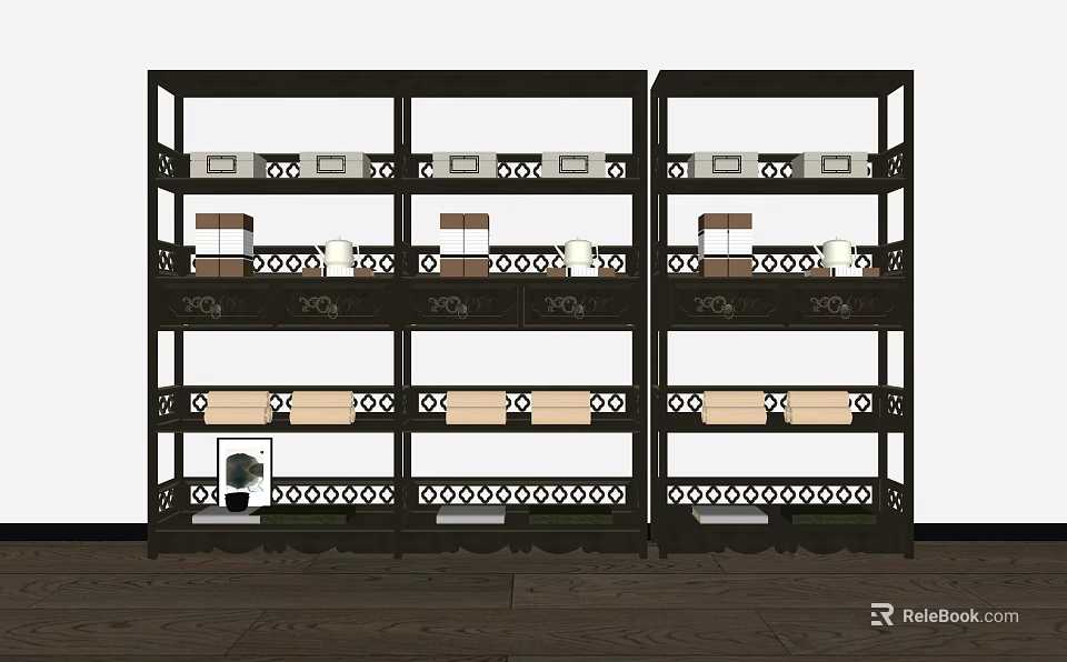Traditional Multi Tiered Bookcase With Decorative Railings Shelves And Books Decor Items 3d model 