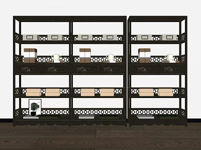 Traditional Multi Tiered Bookcase With Decorative Railings Shelves And Books Decor Items 3d model