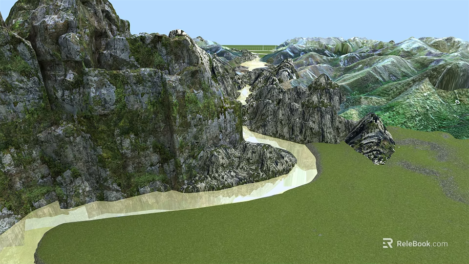 Garden Landscape Featuring Mountainous Terrain Winding Path Moss Covered Rocks And Lush Green Grass 3d model 