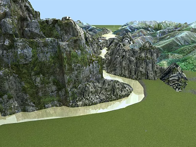 Garden Landscape Featuring Mountainous Terrain Winding Path Moss Covered Rocks And Lush Green Grass 3d model