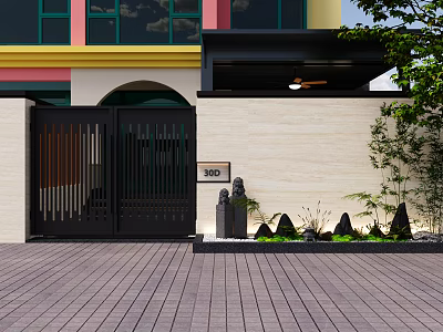 Garden Landscape with Black Gate House Number 20 Stone Lanterns Green Plants and Brick Pavement 3d model