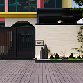 Garden Landscape with Black Gate House Number 20 Stone Lanterns Green Plants and Brick Pavement