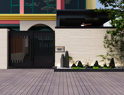 Garden Landscape with Black Gate House Number 20 Stone Lanterns Green Plants and Brick Pavement 3d model