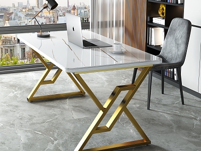 Light Luxury Rock Board Computer Desk Golden Steel Frame Desk 3d model