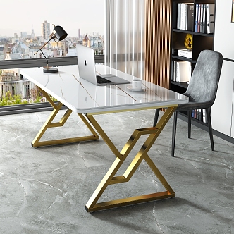 Light Luxury Rock Board Computer Desk Golden Steel Frame Desk 3d model