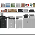 Office Appliances Printers And Copiers On Office Shelves With File Folders Globe And Trophy