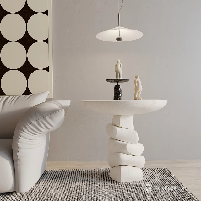 Stacked Stone Side Table With Decorative Statues Lamp White Sofa And Circular Artwork 3d model