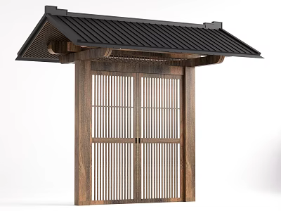 Japanese Style Wooden Gate With Vertical Slats And Traditional Black Roof 3d model