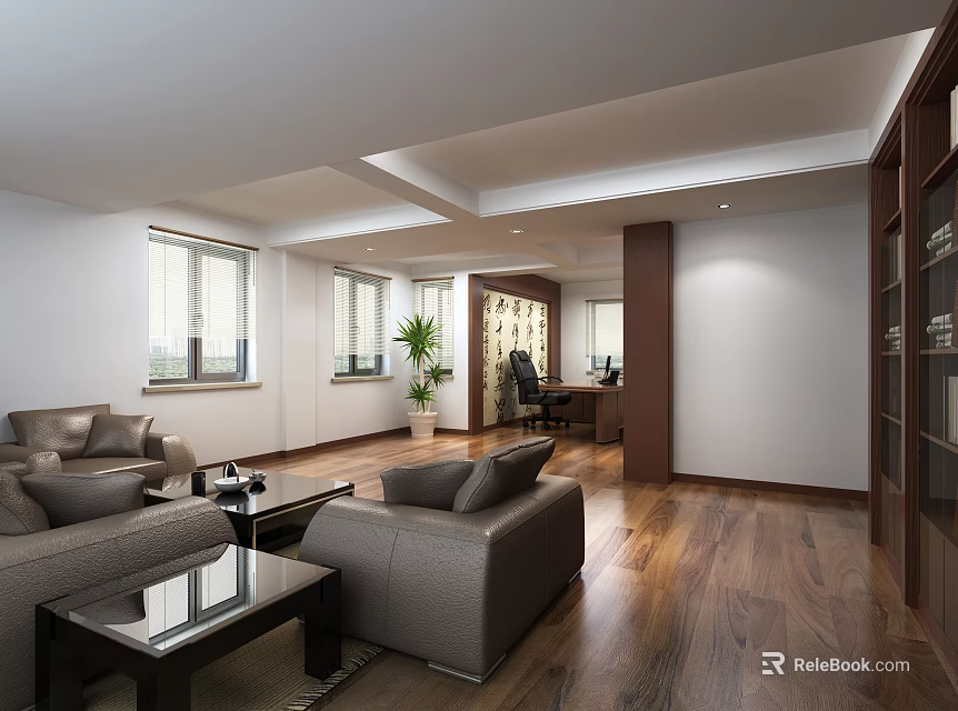 Modern Office Interior With Leather Sofas Coffee Table Desk Chair Wooden Floors And Potted Plant 3d model 