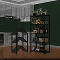 Modern Kitchen Interior With Black Metal Shelving Unit On Wheels Holding Bottles Fruits And Plants