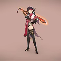 Eastern Female Warrior with Fire Spirit Companion in Red Black Golden Outfit Holding Flaming Sword