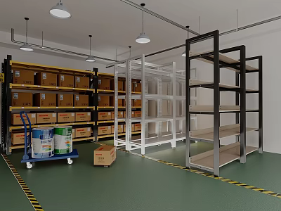 Metal Shelving Units in Warehouse Storage Space With Boxes Empty Racks Green Floor and Utility Cart 3d model