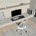 Modern White Desk With Curved Monitor Keyboard Mouse Silver Toy Figure Computer Case Mesh Chair