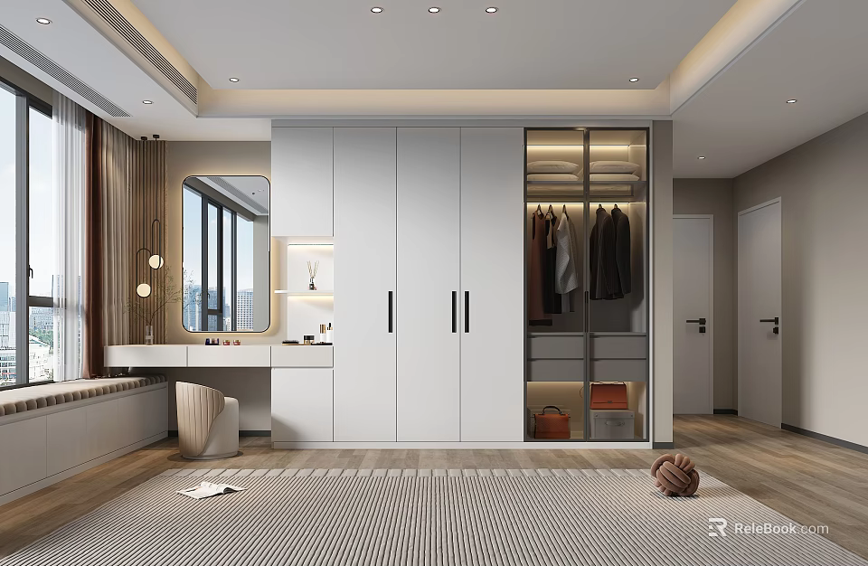 Modern Walk In Closet Interior With White Wardrobes And Dressing Table 3d model