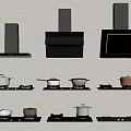 Modern Kitchen Appliances Featuring Range Hoods Gas Stoves And Pots 3d model