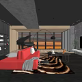 Modern Living Room Interior With Red Sofa Large Windows Sunset View Piano And Bookshelf