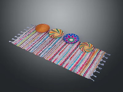 Colorful Striped Woven Scarf with Tassels and Decorative Circular Accents 3d model