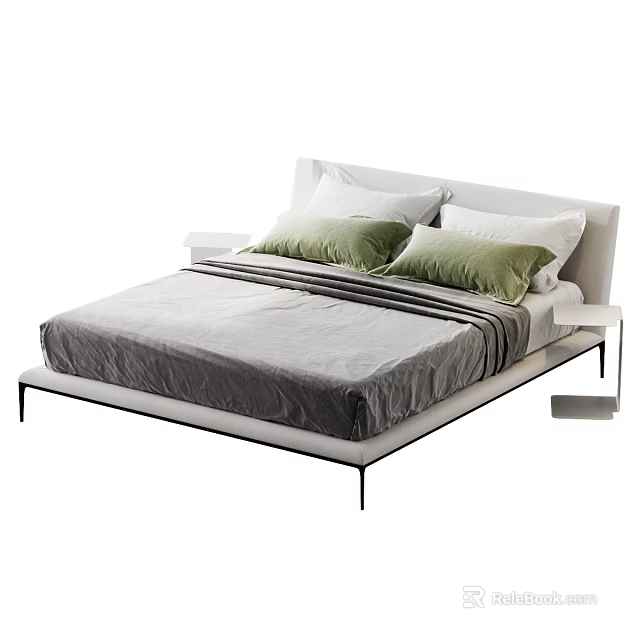 Modern Double Bed With White Headboard Black Legs Gray Striped Bedspread Green Pillows And Nightstand 3d model 