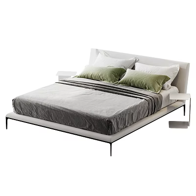 Modern Double Bed With White Headboard Black Legs Gray Striped Bedspread Green Pillows And Nightstand 3d model