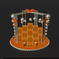 Decorative Ornament With Silver Frame Red Bow Silver Balls Stacked Orange Cubes Gold Gift Boxes And Pearl Trim