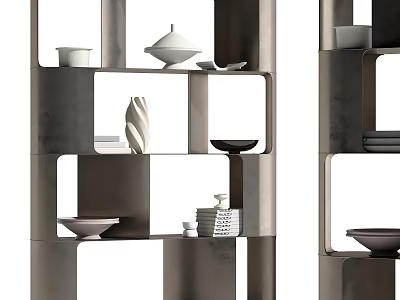 Modern Metal Shelving Unit With Open Compartments And Decorative Bowls Plates Vases 3d model
