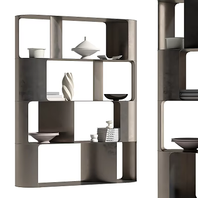 Modern Metal Shelving Unit With Open Compartments And Decorative Bowls Plates Vases 3d model