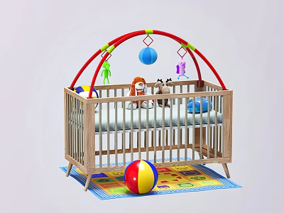 Wooden Baby Crib With Arch Toy Mobile Colorful Toys Plush And Play Mat 3d model