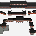 Traditional Chinese Architectural Models with Red Black Roofs Pavilions and Bridges