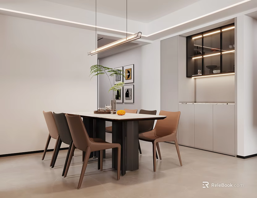 Modern Restaurant Interior With Round Dining Table Brown Chairs Pendant Lights Wall Artwork And Cabinets 3d model 
