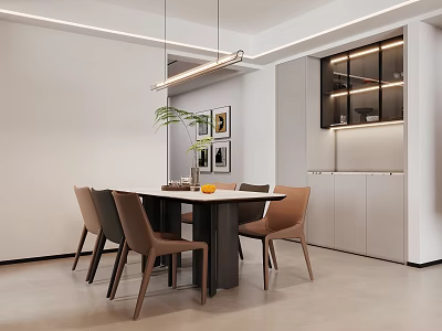 Modern Restaurant Interior With Round Dining Table Brown Chairs Pendant Lights Wall Artwork And Cabinets 3d model