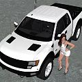White Pickup Truck Parked with Woman in White Dress and High Heels in Industrial Setting