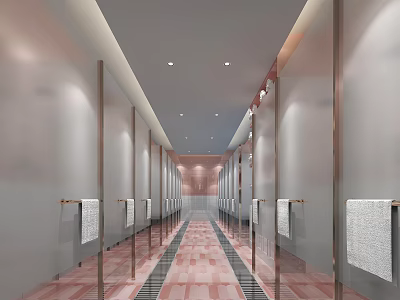 Modern SPA Sauna Interior With Long Corridor Towel Racks And Tile Floor 3d model