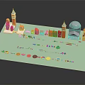 Colorful Architectural Models Featuring Towers Dome Structures and Small Buildings on Green Base