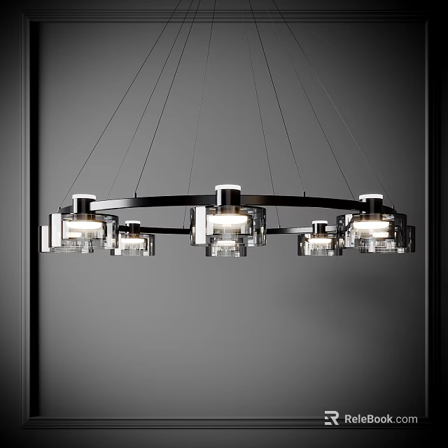 Modern Circular Chandelier With Metal Frame Glass Shades And LED Lights 3d model 