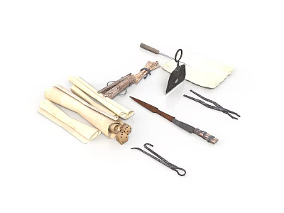 Vintage Handcraft Tools Collection With Scrolls Knife Tongs And Wooden Sticks 3d model