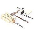 Vintage Handcraft Tools Collection With Scrolls Knife Tongs And Wooden Sticks