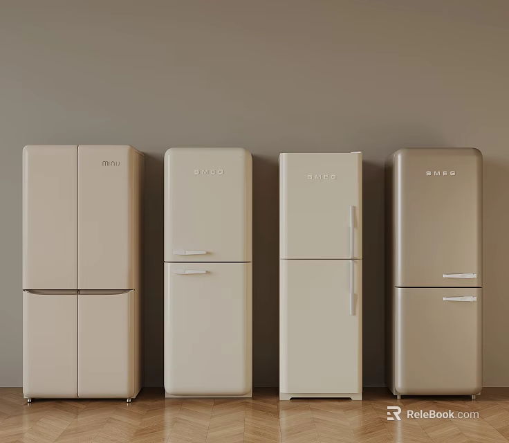 BYD Refrigerators in Different Styles Beige and Light Brown Lined Up Against Wall 3d model 