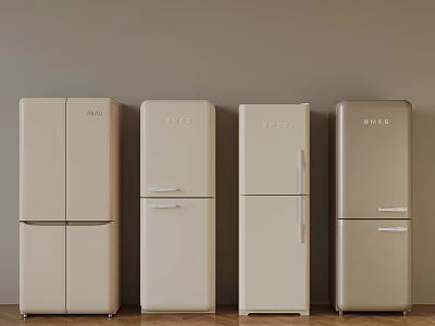 BYD Refrigerators in Different Styles Beige and Light Brown Lined Up Against Wall 3d model